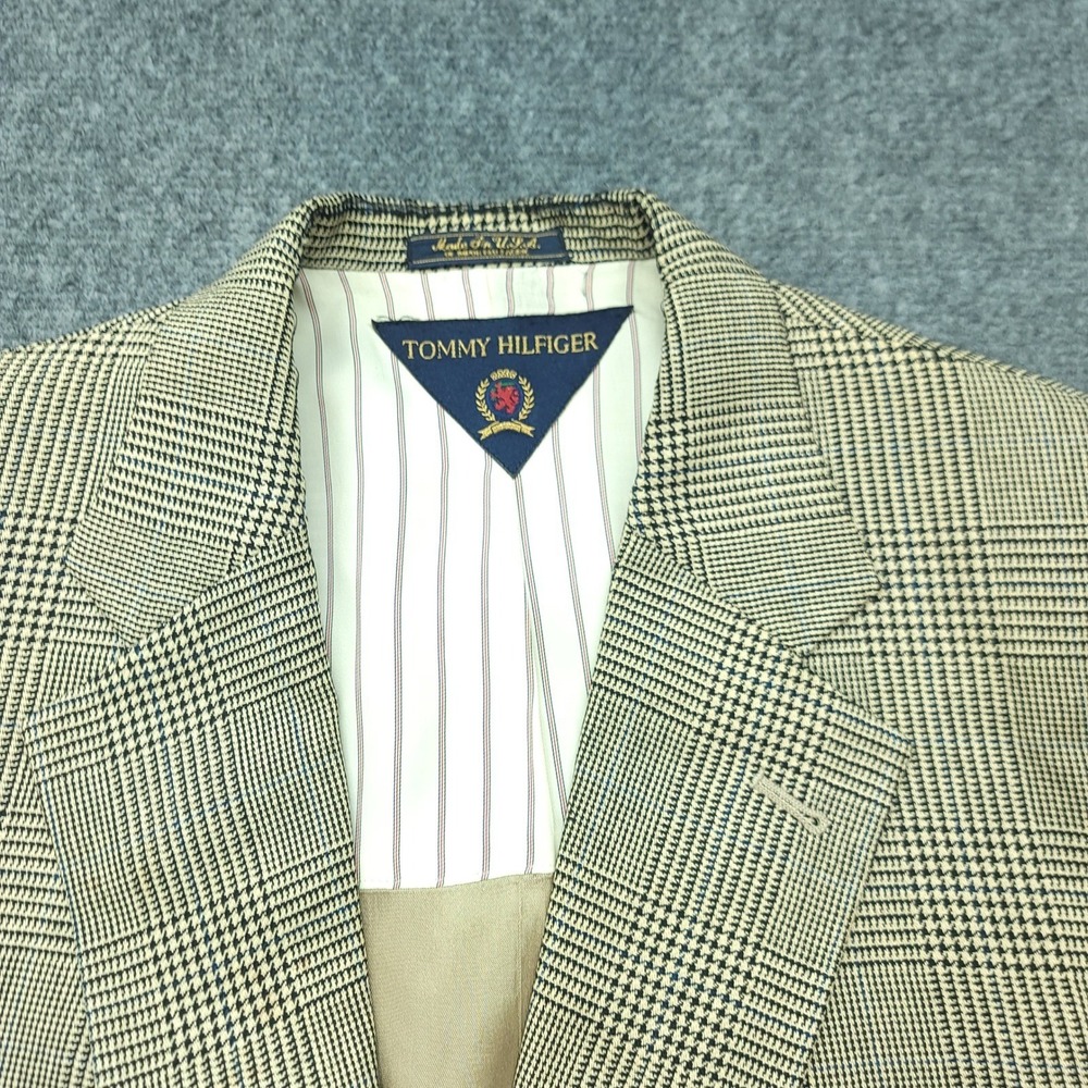Vintage 90s Tommy Hilfiger Mens 42R Blazer Tan Glen Plaid Sport Coat USA Made